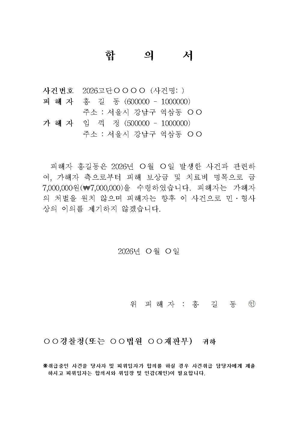 형사 합의서 양식 관련 이미지, 사건번호, 사건 당사자의 인적사항, 합의금 및 합의내용이 입력되어 있는 이미지