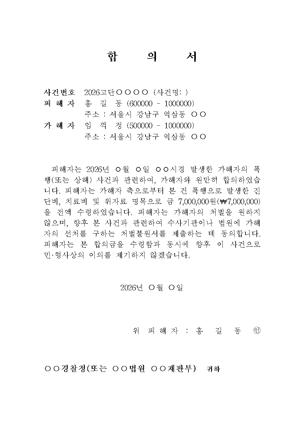 폭행사건 형사 합의서 관련 예시 이미지, 사건번호, 당사자 인적사항 및 폭행사건 합의금, 합의서에 들어갈 내용을 안내한 이미지