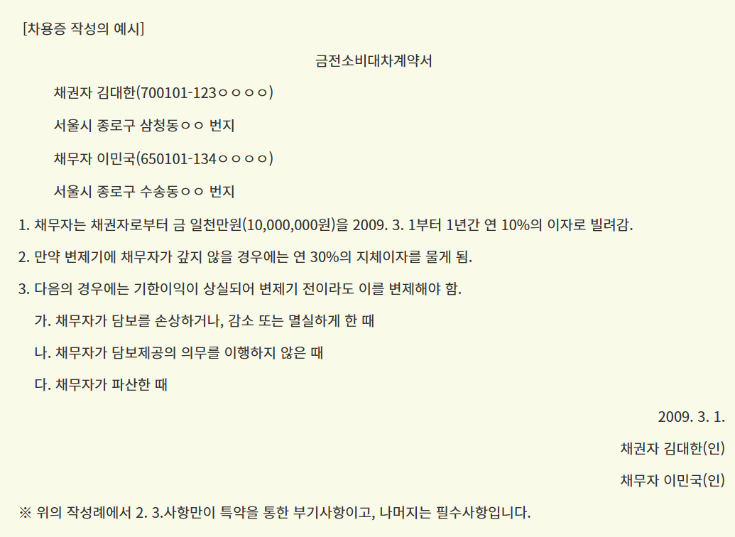 차용증 작성 예시(금전소비대차계약서 예시) 이미지 차용증 작성 예시(금전소비대차계약서 예시) 이미지
