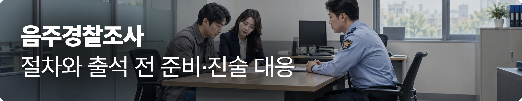 음주경찰조사 절차와 출석 전 준비·진술 대응 – 경찰서에서 변호인과 함께 경찰관의 피의자신문을 받는 모습 음주경찰조사 절차와 출석 전 준비·진술 대응 – 경찰서에서 변호인과 함께 경찰관의 피의자신문을 받는 모습