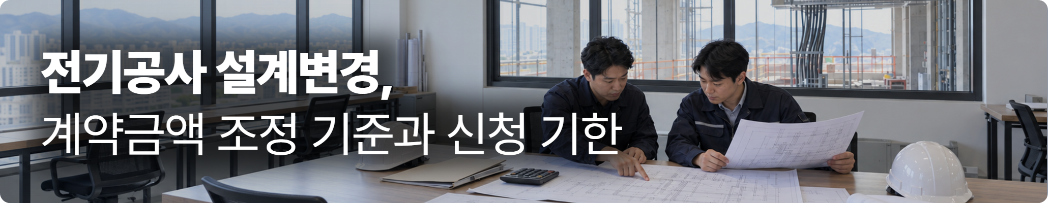전기공사 설계변경, 계약금액 조정 기준과 신청 기한 – 공사 현장 사무실에서 작업복을 입은 시공 관계자 두 명이 도면을 펼쳐 놓고 검토하는 모습 전기공사 설계변경, 계약금액 조정 기준과 신청 기한 – 공사 현장 사무실에서 작업복을 입은 시공 관계자 두 명이 도면을 펼쳐 놓고 검토하는 모습